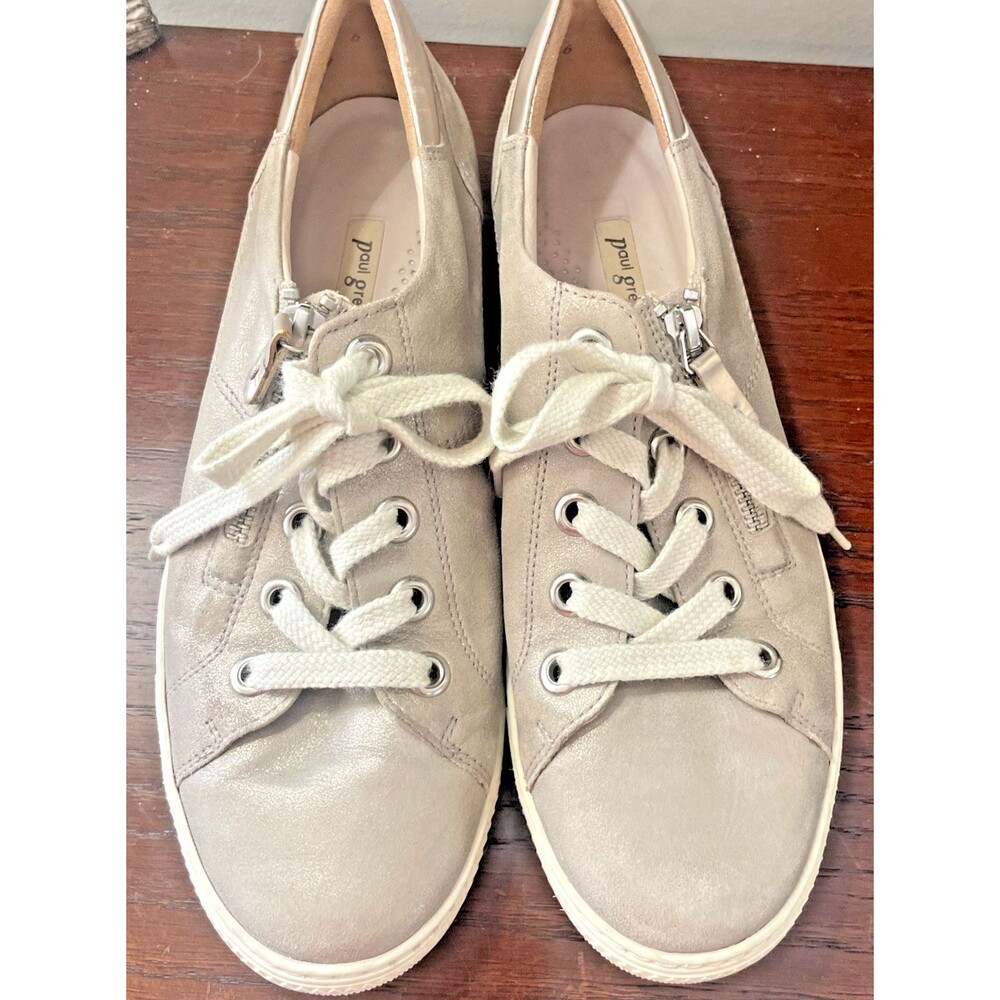 Paul Green Metallic Leather Sneakers Women 9 Taupe Champagne Comfort Shoes - Picture 5 of 9